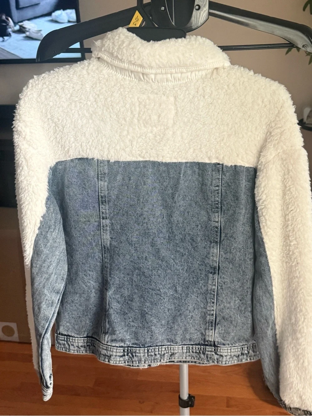 Justice Light Blue Denim Jacket with White Sherpa Collar and Ski Patches